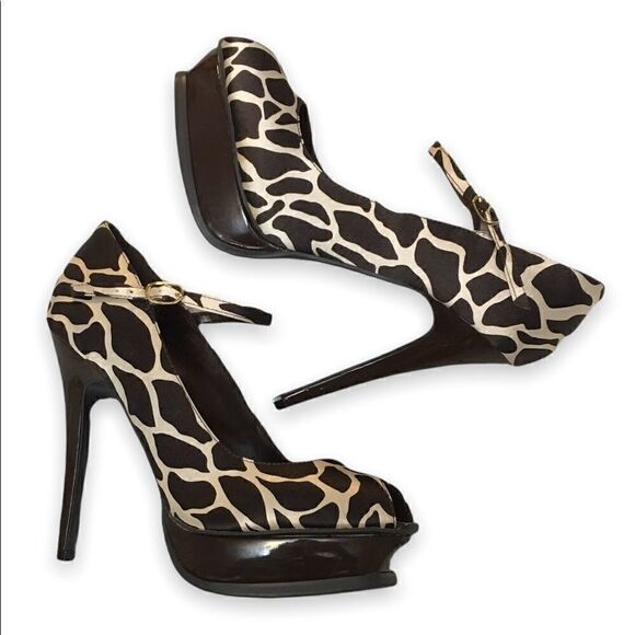 Delicious Satin Patent Brown Giraffe Print Platform Stiletto Mary Janes 8.5 - Picture 1 of 16